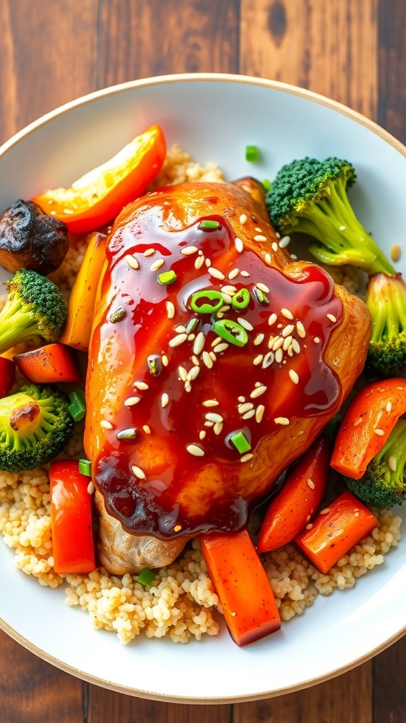 Baked honey garlic chicken with quinoa and mixed vegetables, garnished with sesame seeds and green onions.